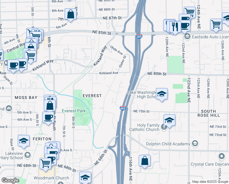 map of restaurants, bars, coffee shops, grocery stores, and more near 7615 115th Place Northeast in Kirkland