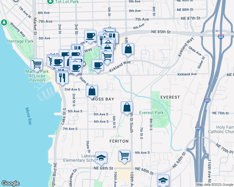 map of restaurants, bars, coffee shops, grocery stores, and more near 444 4th Avenue South in Kirkland
