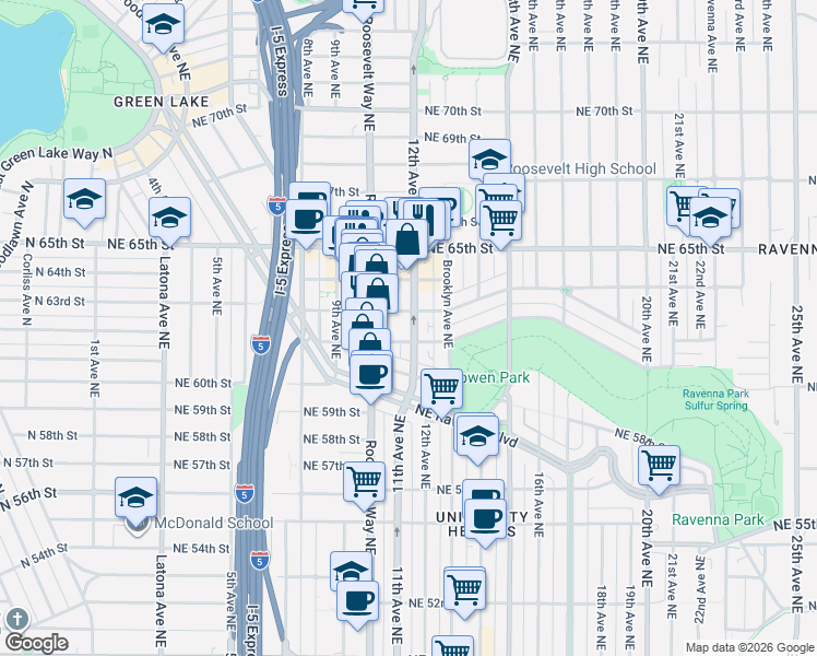 map of restaurants, bars, coffee shops, grocery stores, and more near 6117 12th Avenue Northeast in Seattle