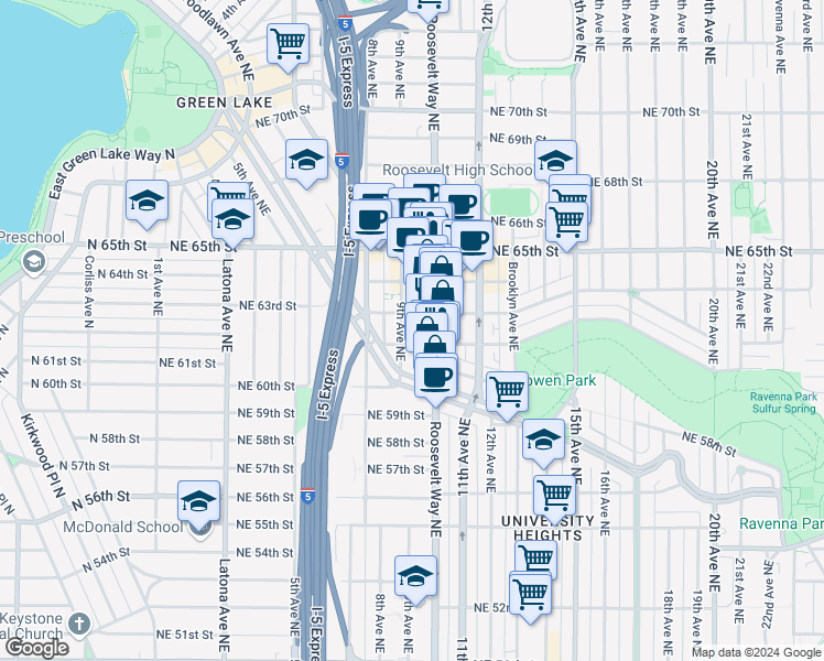 map of restaurants, bars, coffee shops, grocery stores, and more near 842 Northeast Ravenna Boulevard in Seattle