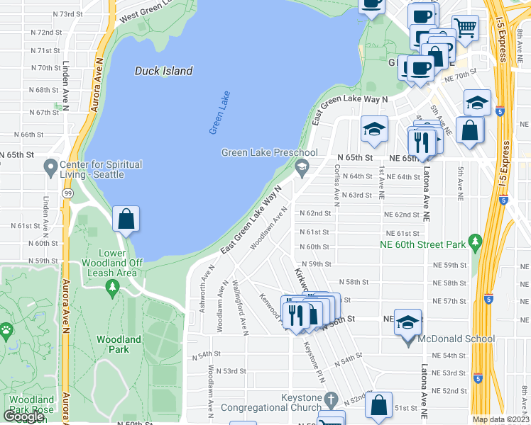 map of restaurants, bars, coffee shops, grocery stores, and more near 5859 Woodlawn Avenue North in Seattle