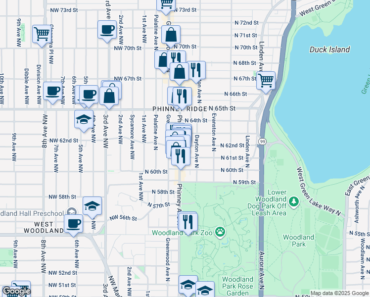 map of restaurants, bars, coffee shops, grocery stores, and more near 419 North 61st Street in Seattle