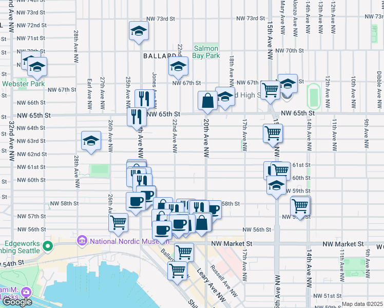 map of restaurants, bars, coffee shops, grocery stores, and more near 2029 Northwest 61st Street in Seattle