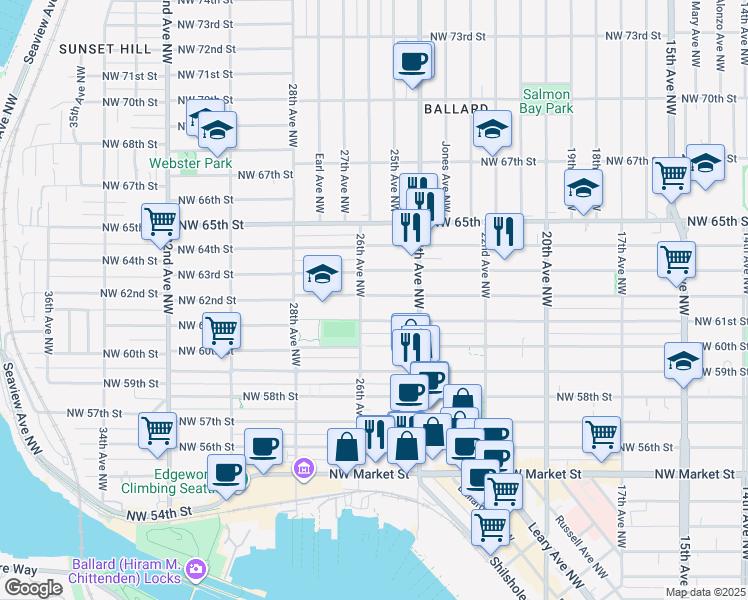 map of restaurants, bars, coffee shops, grocery stores, and more near 2439 Northwest 62nd Street in Seattle