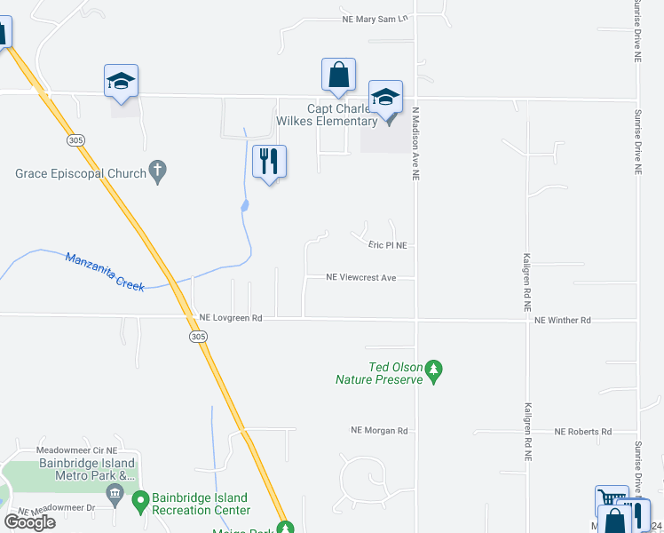 map of restaurants, bars, coffee shops, grocery stores, and more near 9282 Northeast Viewcrest Avenue in Bainbridge Island