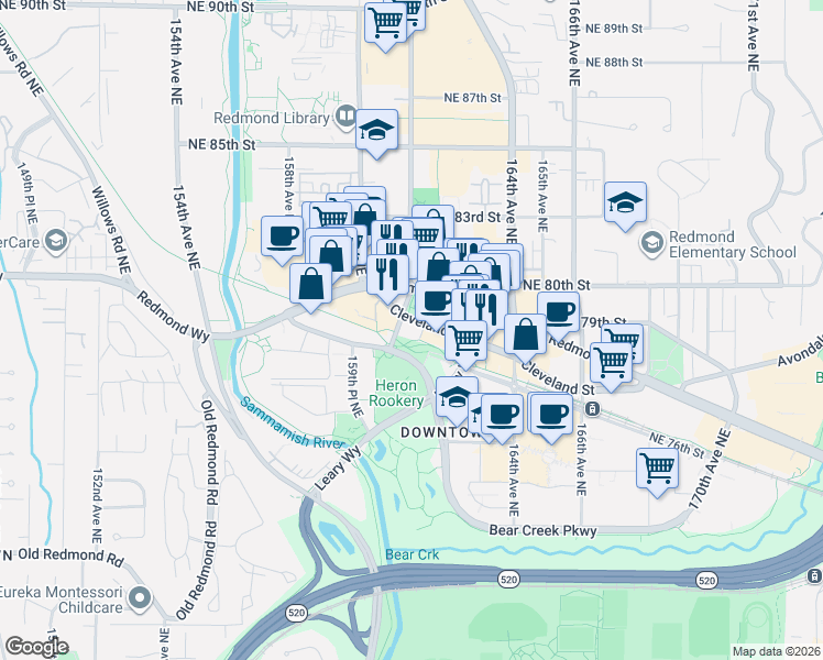 map of restaurants, bars, coffee shops, grocery stores, and more near 16141 Cleveland Street in Redmond
