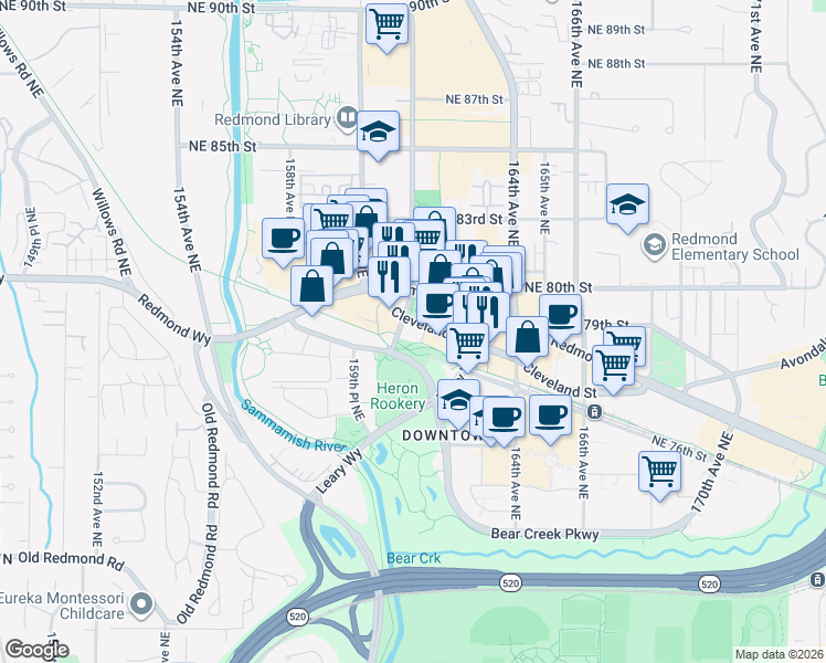 map of restaurants, bars, coffee shops, grocery stores, and more near 16141 Cleveland Street in Redmond