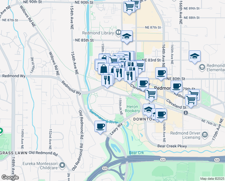 map of restaurants, bars, coffee shops, grocery stores, and more near 15935 Redmond Way in Redmond