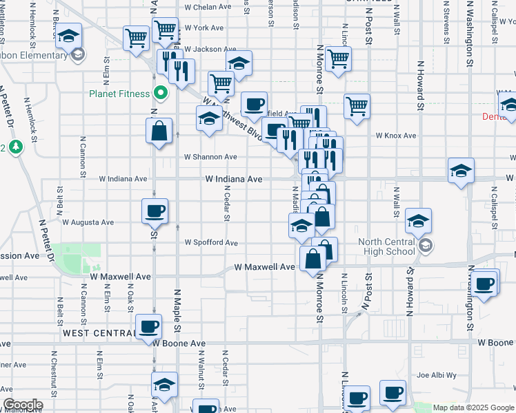map of restaurants, bars, coffee shops, grocery stores, and more near 1214 West Nora Avenue in Spokane