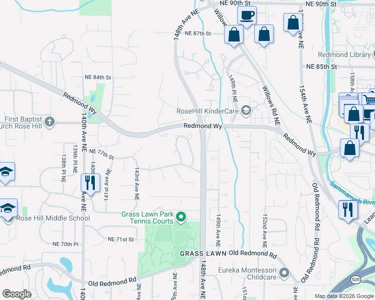 map of restaurants, bars, coffee shops, grocery stores, and more near 7707 147th Avenue Northeast in Redmond