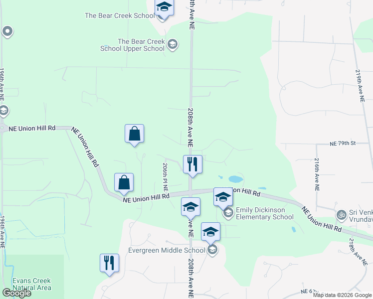map of restaurants, bars, coffee shops, grocery stores, and more near 7922 208th Avenue Northeast in Redmond