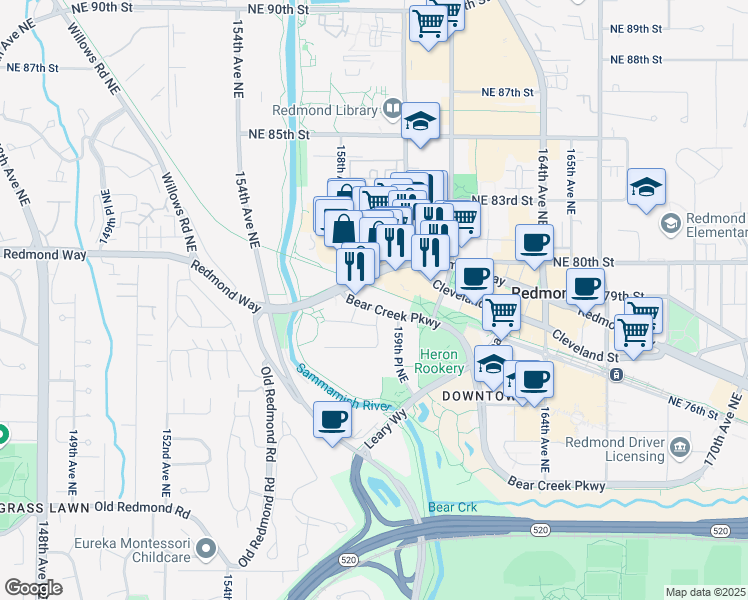 map of restaurants, bars, coffee shops, grocery stores, and more near 15808 Bear Creek Parkway in Redmond