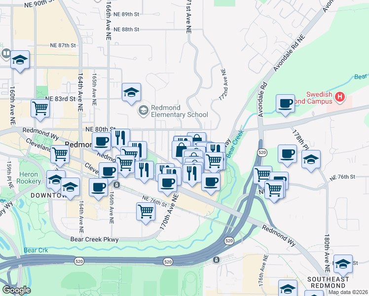 map of restaurants, bars, coffee shops, grocery stores, and more near 7910 170th Place Northeast in Redmond