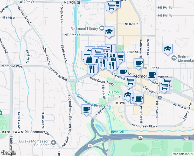 map of restaurants, bars, coffee shops, grocery stores, and more near 15808 Bear Creek Parkway in Redmond
