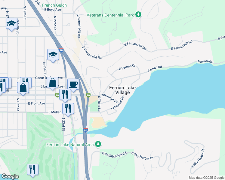 map of restaurants, bars, coffee shops, grocery stores, and more near 210 Fernan Road in Coeur d'Alene