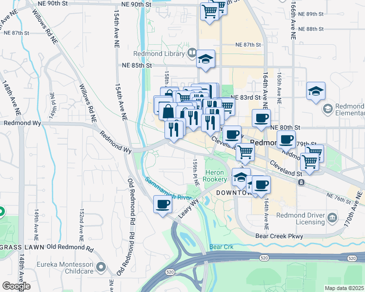 map of restaurants, bars, coffee shops, grocery stores, and more near 15935 Redmond Way in Redmond