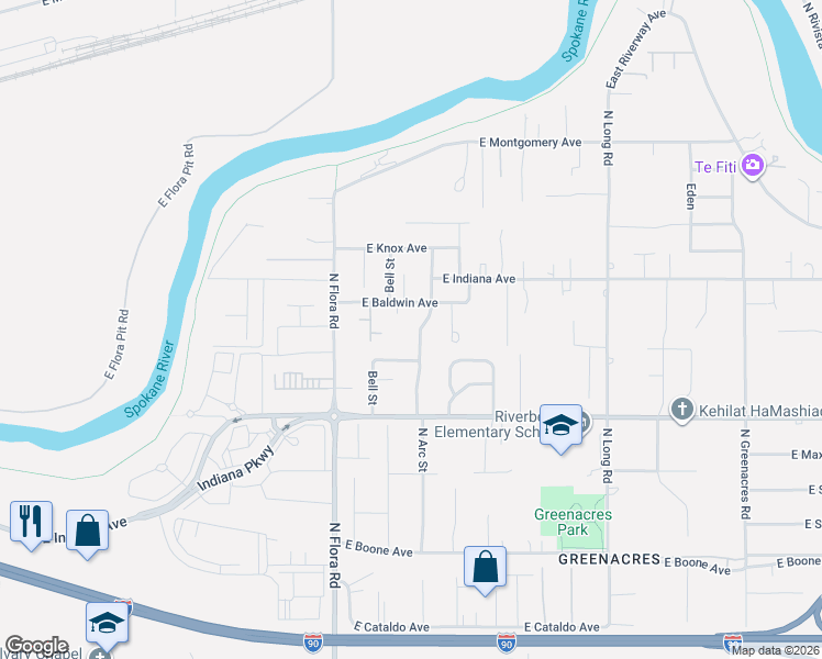 map of restaurants, bars, coffee shops, grocery stores, and more near 1914 North Bell Street in Spokane Valley