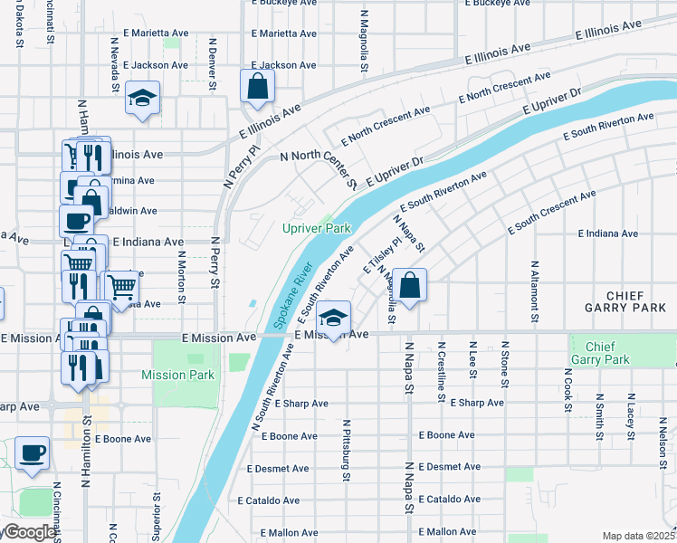 map of restaurants, bars, coffee shops, grocery stores, and more near 1722 East South Riverton Avenue in Spokane