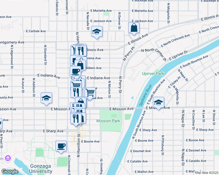 map of restaurants, bars, coffee shops, grocery stores, and more near 1208 East Indiana Avenue in Spokane