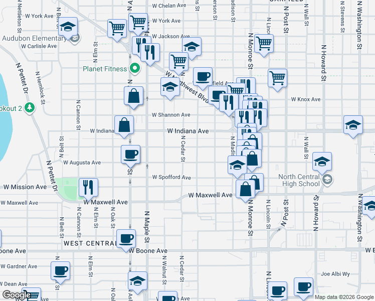 map of restaurants, bars, coffee shops, grocery stores, and more near 1812 North Cedar Street in Spokane