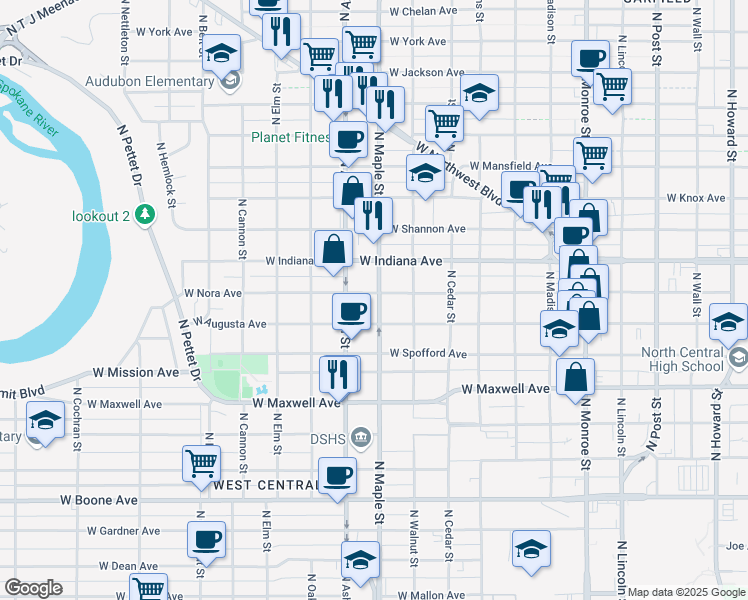 map of restaurants, bars, coffee shops, grocery stores, and more near 1816 North Ash Street in Spokane