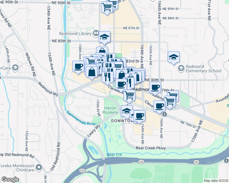 map of restaurants, bars, coffee shops, grocery stores, and more near 16101 Redmond Way in Redmond