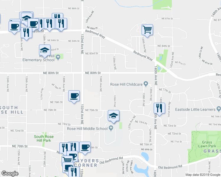 map of restaurants, bars, coffee shops, grocery stores, and more near 7834 135th Avenue Northeast in Redmond