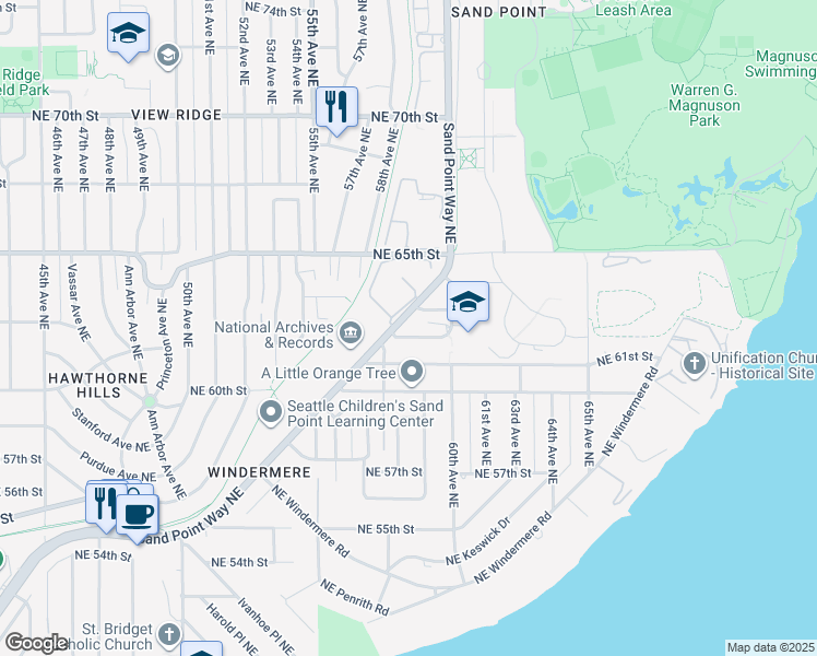 map of restaurants, bars, coffee shops, grocery stores, and more near 6369 Sand Point Way Northeast in Seattle