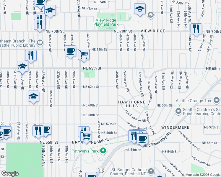 map of restaurants, bars, coffee shops, grocery stores, and more near 6217 45th Avenue Northeast in Seattle