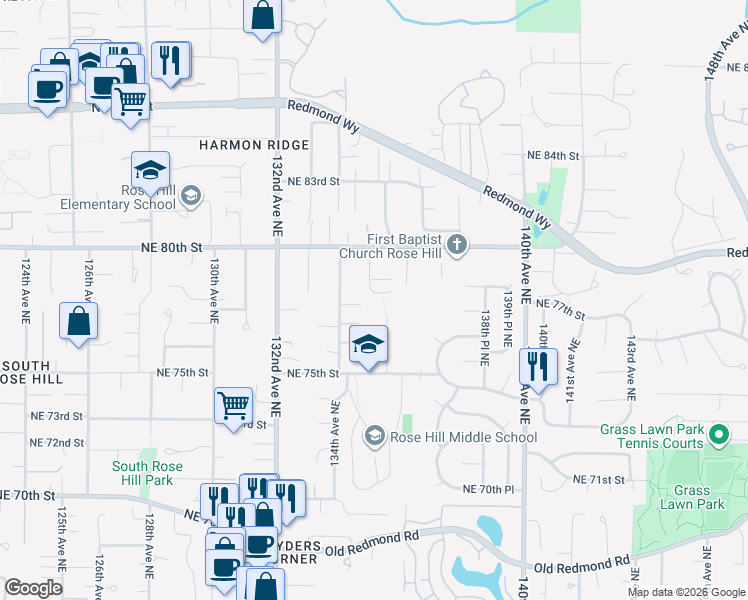 map of restaurants, bars, coffee shops, grocery stores, and more near 13509 Northeast 78th Place in Redmond