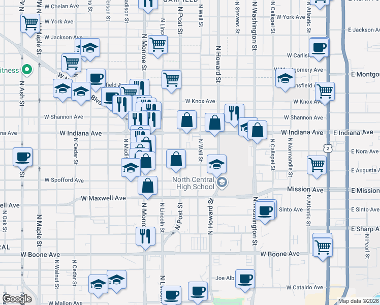 map of restaurants, bars, coffee shops, grocery stores, and more near 717 West Nora Avenue in Spokane