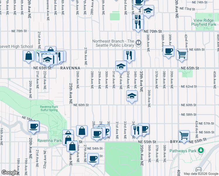 map of restaurants, bars, coffee shops, grocery stores, and more near 3005 Northeast 62nd Street in Seattle