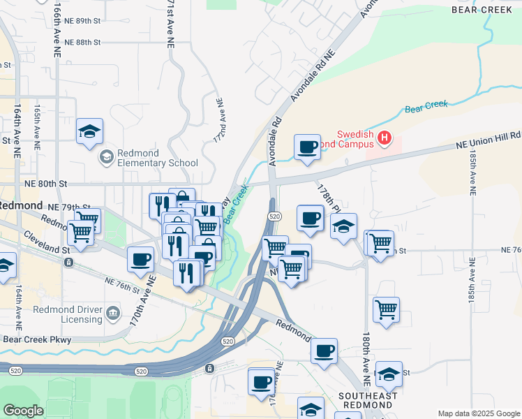 map of restaurants, bars, coffee shops, grocery stores, and more near in Redmond