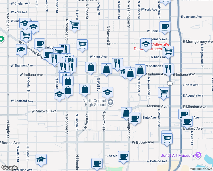 map of restaurants, bars, coffee shops, grocery stores, and more near 527 West Indiana Avenue in Spokane