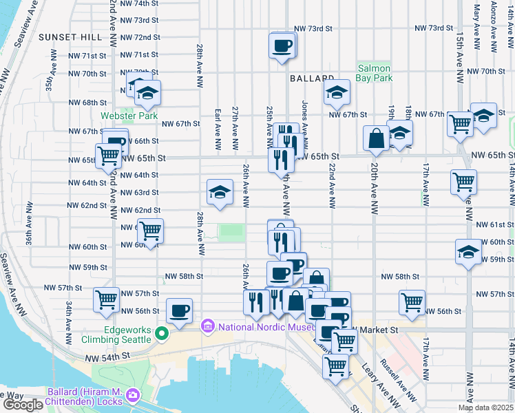 map of restaurants, bars, coffee shops, grocery stores, and more near 2439 Northwest 62nd Street in Seattle