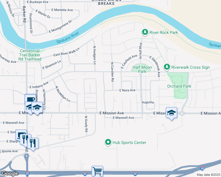 map of restaurants, bars, coffee shops, grocery stores, and more near 1813 North Cavalier Road in Liberty Lake