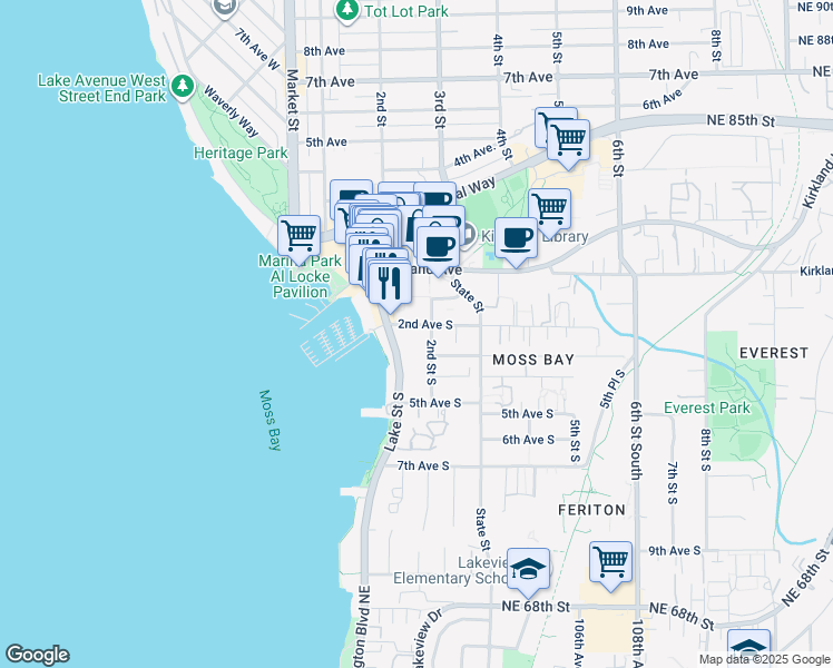 map of restaurants, bars, coffee shops, grocery stores, and more near 201 2nd Street South in Kirkland