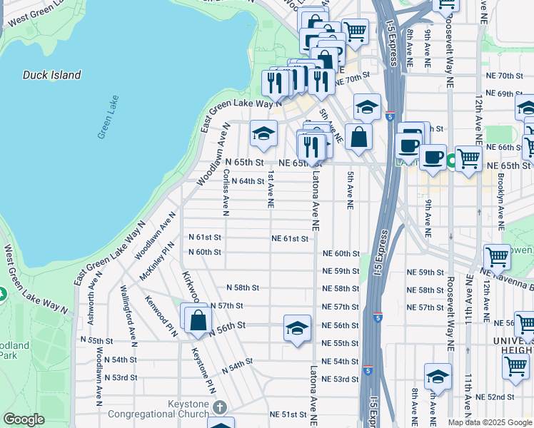 map of restaurants, bars, coffee shops, grocery stores, and more near 2424 North 62nd Street in Seattle