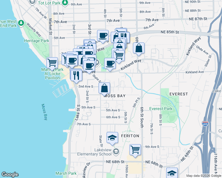 map of restaurants, bars, coffee shops, grocery stores, and more near 337 2nd Avenue South in Kirkland