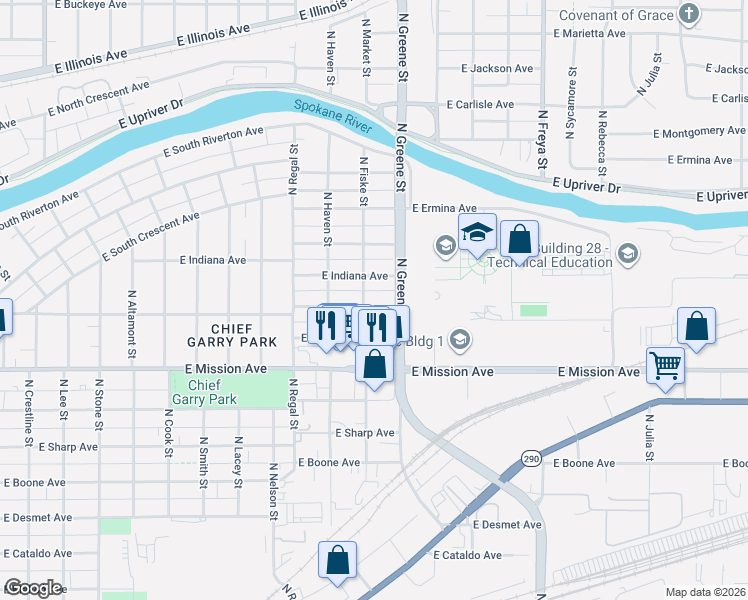 map of restaurants, bars, coffee shops, grocery stores, and more near 3107 East Nora Avenue in Spokane