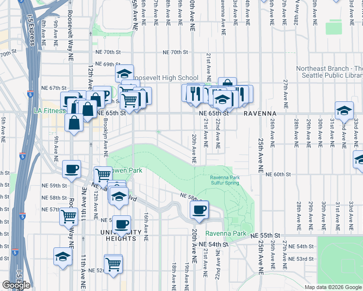 map of restaurants, bars, coffee shops, grocery stores, and more near Northeast Naomi Place in Seattle