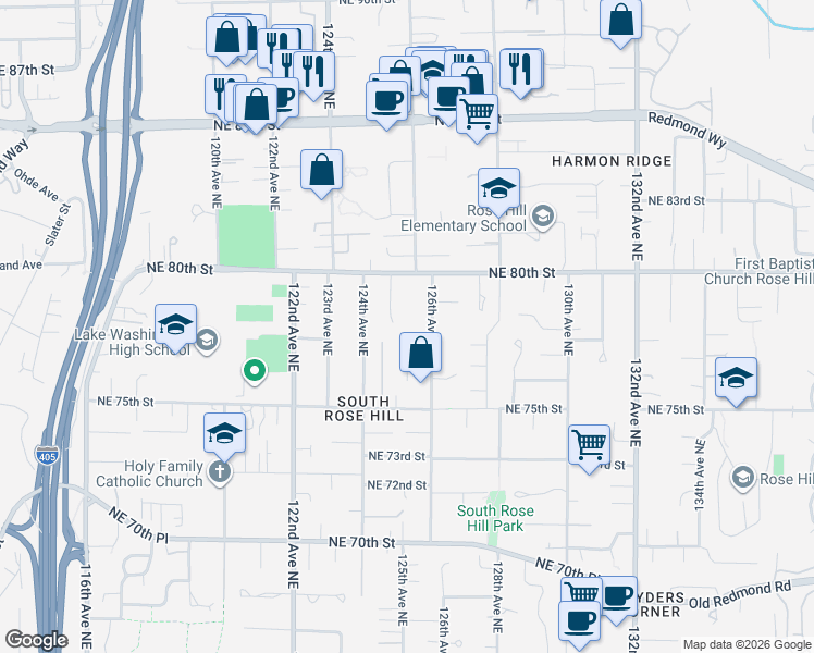 map of restaurants, bars, coffee shops, grocery stores, and more near 7809 126th Avenue Northeast in Kirkland