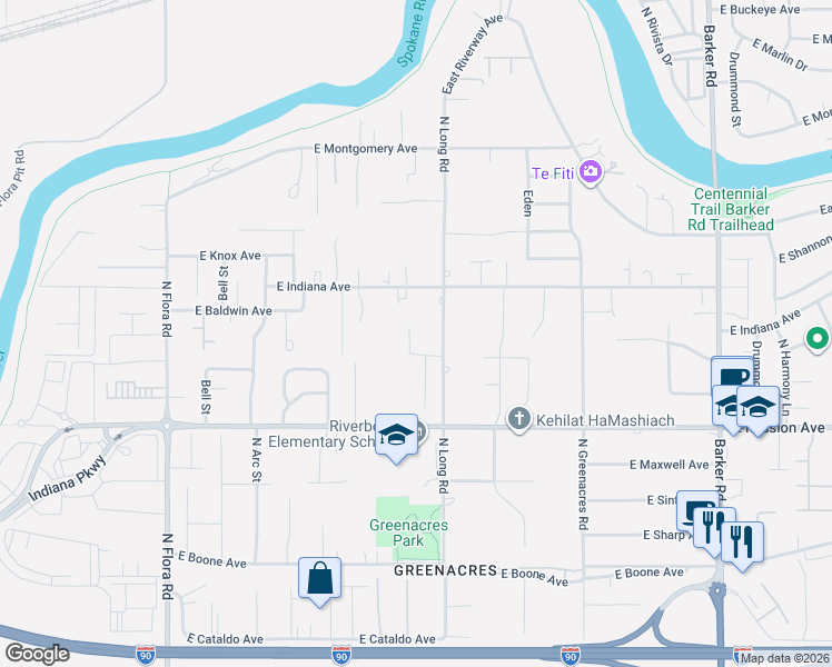 map of restaurants, bars, coffee shops, grocery stores, and more near 1919 North Long Road in Spokane Valley