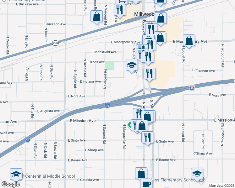 map of restaurants, bars, coffee shops, grocery stores, and more near 1908 North Dale Lane in Spokane Valley