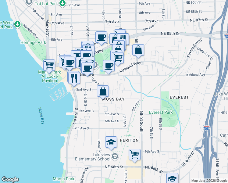map of restaurants, bars, coffee shops, grocery stores, and more near 330 2nd Avenue South in Kirkland