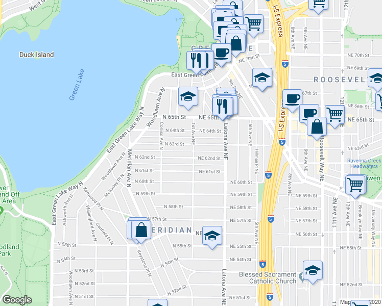 map of restaurants, bars, coffee shops, grocery stores, and more near 102 Northeast 63rd Street in Seattle