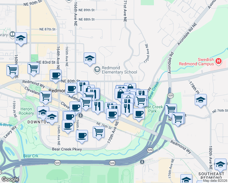 map of restaurants, bars, coffee shops, grocery stores, and more near 7962 170th Avenue Northeast in Redmond
