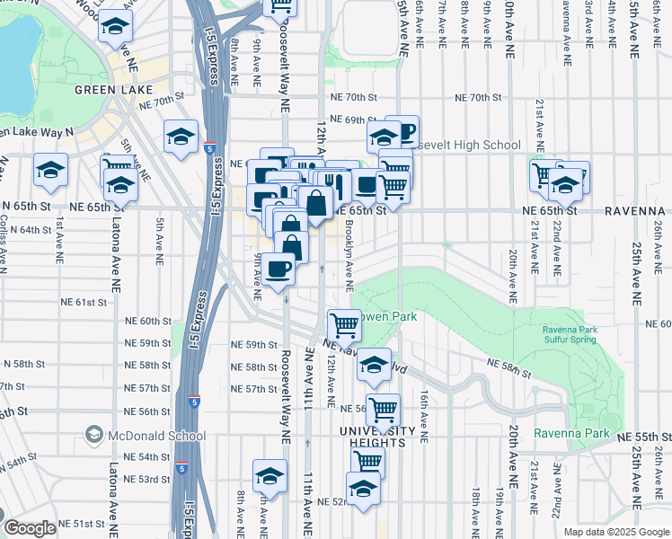 map of restaurants, bars, coffee shops, grocery stores, and more near 1213 Northeast 63rd Street in Seattle