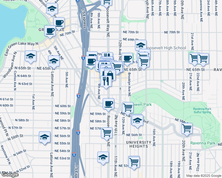map of restaurants, bars, coffee shops, grocery stores, and more near 6307 Roosevelt Way Northeast in Seattle