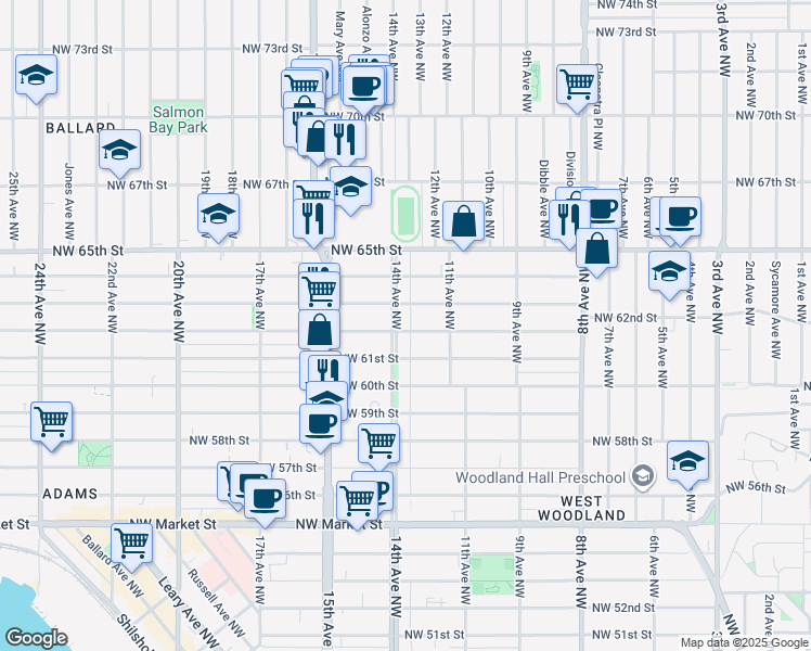 map of restaurants, bars, coffee shops, grocery stores, and more near 1136 Northwest 62nd Street in Seattle